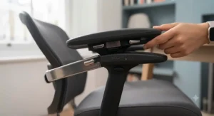 A professional home office setup featuring a stylish office chair with lumbar support placed at a wooden desk.