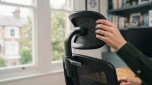 Side view showing the adjustable headrest height settings on a professional office chair.