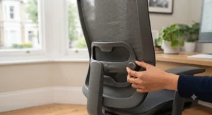 Person sitting in an office chair with a removable headrest, demonstrating correct posture.