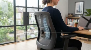 A professional desk chair showing how dynamic lumbar support aligns with the spine.