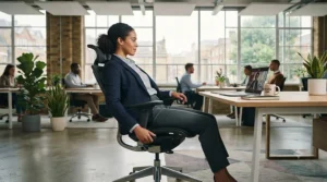A professional office scene in the UK featuring a person working at a desk, highlighting the ergonomic benefits of a high-quality office chair with a synchro-tilt mechanism.