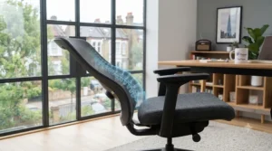 Office chair with tilt function and dynamic lumbar support providing spinal care.