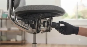 Demonstration of the tilt and recline functionality on a chair equipped with 4D armrests.