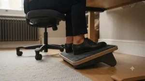 A small office chair paired with an under-desk ergonomic footrest to improve posture for short legs.