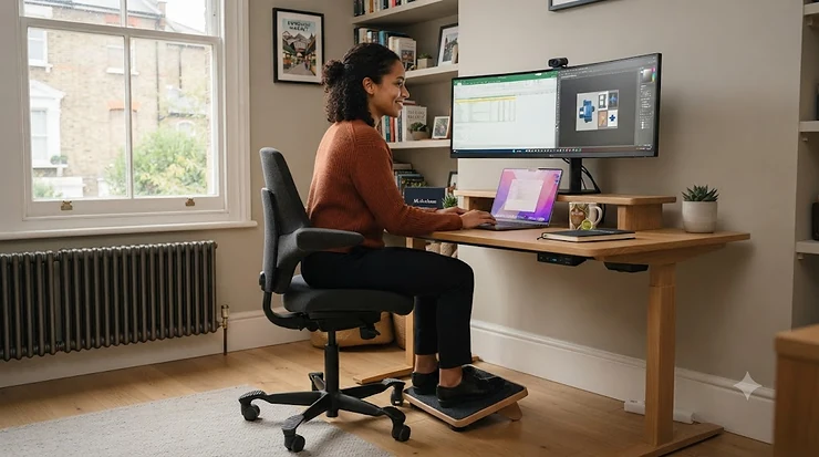 Ergonomic office chair designed for shorter adults, featuring low seat height and lumbar support in a modern UK workspace. office chairs for short people