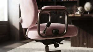 Stylish pastel pink velvet petite desk chair styled in a bright, modern bedroom workspace.