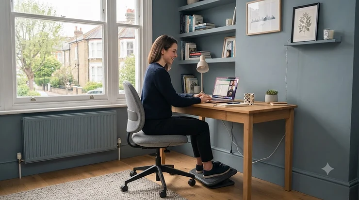 A modern ergonomic petite office chair in a stylish UK home study, designed for shorter adults. petite office chairs