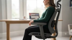 A desk chair promoting healthy posture and pelvic support for long working hours.