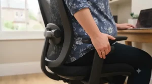 A pregnant woman maintaining correct posture at a desk, demonstrating ideal eye level and feet flat on the floor.