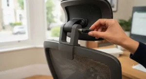 Close-up of the easy-click mechanism on a removable headrest for an office chair.