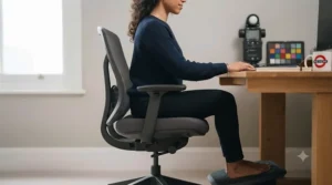 Diagram demonstrating proper seat height adjustment for petite desk chair users in office settings.