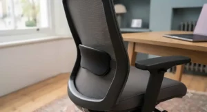 Side profile view showing the S-curve backrest of an office chair providing optimal lumbar support.