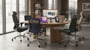 Stylish tall office chairs arranged around a collaborative meeting table in a modern British workspace.