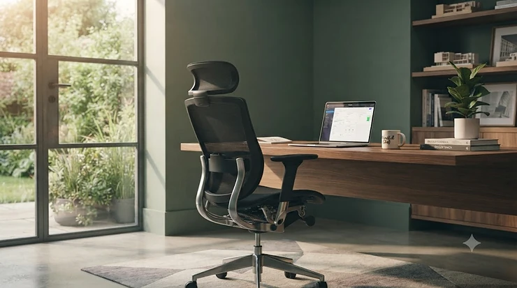 A modern home office setup featuring an ergonomic chair with a high-quality synchro-tilt mechanism, designed for daily productivity and comfort. office chair synchro tilt mechanism