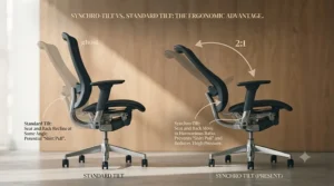 A side-by-side comparison diagram illustrating the difference between a synchro-tilt mechanism and a standard tilt function, demonstrating the ergonomic advantage.