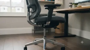 Adjustable gas lift mechanism on an office chair for over 6ft, showing maximum height extension.
