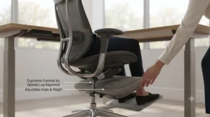 Ergonomic setup featuring a tall office chair paired with an adjustable under-desk footrest for proper leg alignment.
