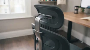 Adjustable mesh headrest providing neck support on an office chair for people over 6ft.