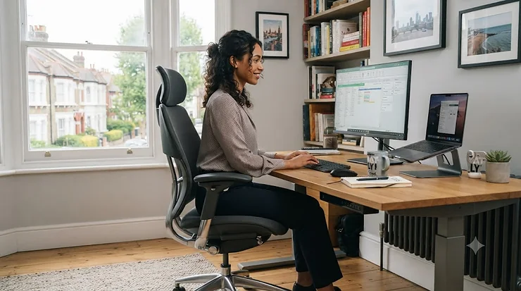 Modern tall office chair in a contemporary UK home study, upholstered in durable grey fabric. tall office chairs