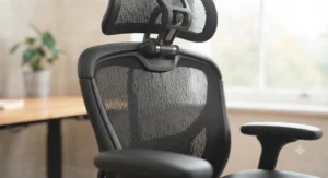 A detailed close-up focusing on the rear and side profile of the fully adjustable mesh headrest attached to the top of the ergonomic chair’s backrest. The intricate mesh weave and the polished metal adjustment pivots are sharply in focus.
