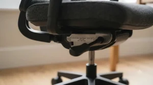 Close-up of the gas lift mechanism on an adjustable standard height office chair for height customisation.
