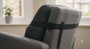 Rear view of a dark grey lumbar support cushion featuring an adjustable elasticated fitting strap.