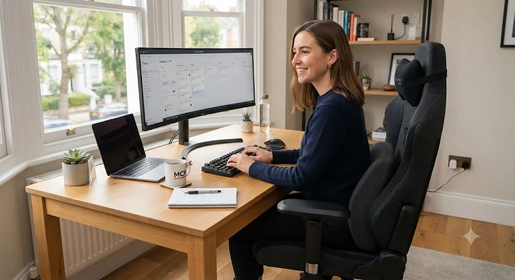 Ergonomic lumbar support cushion fitted to a gaming chair in a modern UK home office setup, designed to alleviate back pain. lumbar support cushion for gaming chair