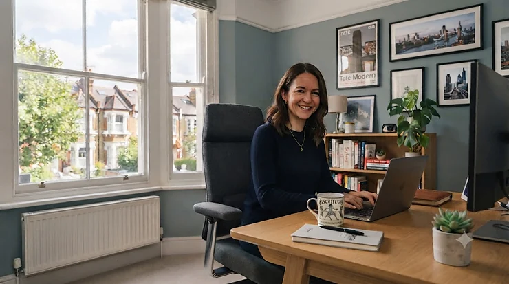 A spacious ergonomic wide seat office chair in a modern UK home office setup, providing extra comfort and lumbar support. wide seat office chairs