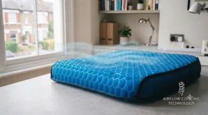 Close-up of the blue honeycomb gel cushion illustrating airflow and cooling technology, with subtle graphic representations of cool air passing through the open grid structure.