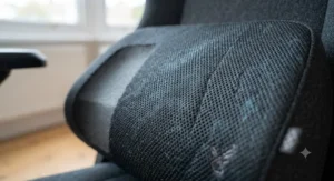 Extreme close-up macro shot of the breathable, textured dark grey fabric cover of the lumbar support cushion, highlighting the weave and memory foam core.