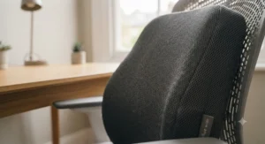 Close-up of a breathable mesh fabric cover on a contoured memory foam back support pillow.