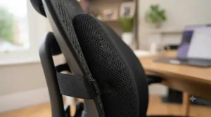 Close-up of breathable mesh fabric on a lumbar support cushion showing airflow ventilation for all-day comfort.