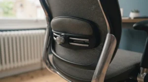 Adjustable lumbar support and breathable mesh backrest on an oversized executive office chair.