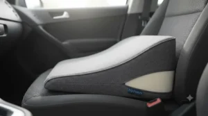 An ergonomic wedge cushion positioned on a car seat to improve posture and relieve driving back strain.