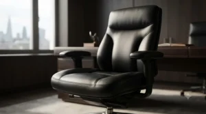 Stylish big and tall task chair positioned at a wooden desk in a contemporary British workspace.