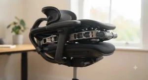 A close-up view of the ergonomic office chair in a partially folded state, showcasing the intricate engineering of the folding mechanism under the seat pan. The detailed metallic and polymer linkages are visible, illustrating how the chair folds for storage.
