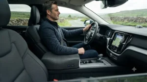 Driver enjoying extra comfort using a seat cushion for long car journeys on the motorway.
