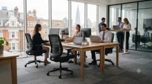 Sturdy commercial-grade standard height office chair built for daily use in a busy open-plan office.