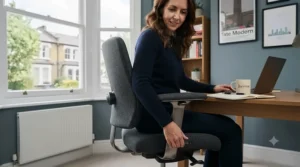 Close-up of adjustable armrests and height controls on a wide seat office chair for customisable workplace ergonomics.