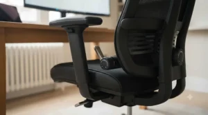 Close-up of adjustable armrests and lumbar support on a heavy-duty executive chair suited for taller users.