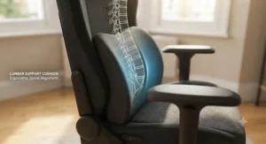 Detailed medical illustration showing how the specific dark grey lumbar cushion from image_0.png aligns the spine in the gaming chair, maintaining the natural S-curve.