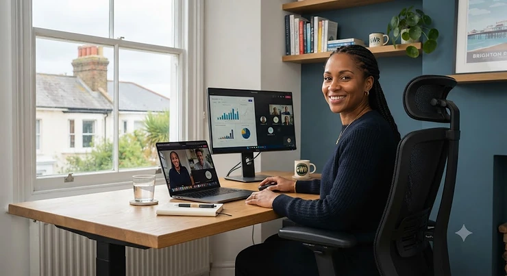 A professional woman smiling in her ergonomic office chair, working at a height-adjustable desk in a bright home office in Brighton. The window view shows typical British architecture and a cloudy sky. On her desk is a laptop, a second monitor showing a Teams call, a notebook, a pen, and a "GWR" branded mug. office chairs for broad shoulders
