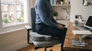 A person sitting with correct, upright posture on the grey ergonomic memory foam seat cushion in the UK home office setting, demonstrating spinal alignment.