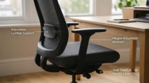 Diagram highlighting the adjustable lumbar support and armrests of a standard height office chair.