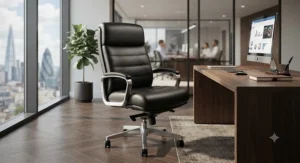A luxury executive bariatric office chair upholstered in black leather for professional workspaces.