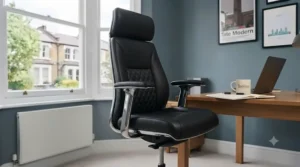 Premium black leather executive wide seat office chair positioned at a professional desk in a corporate office.
