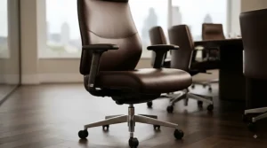 A premium faux leather executive plus size office chair styled in a professional corporate boardroom in London.