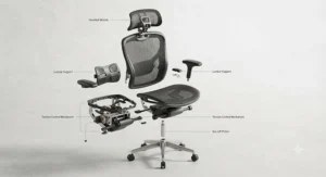 A technical exploded-view diagram illustrating all the modular components of the ergonomic office chair disassembled and floating in space. Parts like the headrest, lumbar support, seat pan, gas lift piston, and complex mechanism are labelled clearly.