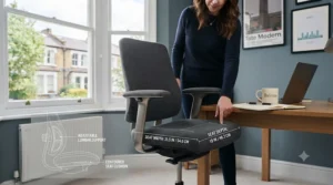 Diagram illustrating the generous seat width and depth dimensions of a heavy-duty ergonomic office chair.