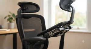 Close-up detail of the complex 4D adjustable armrest mechanism on the ergonomic chair. The image highlights the metal and polymer construction, showing the buttons and linkages for height, depth, and swivel adjustments, set against a softly blurred background with natural window light.